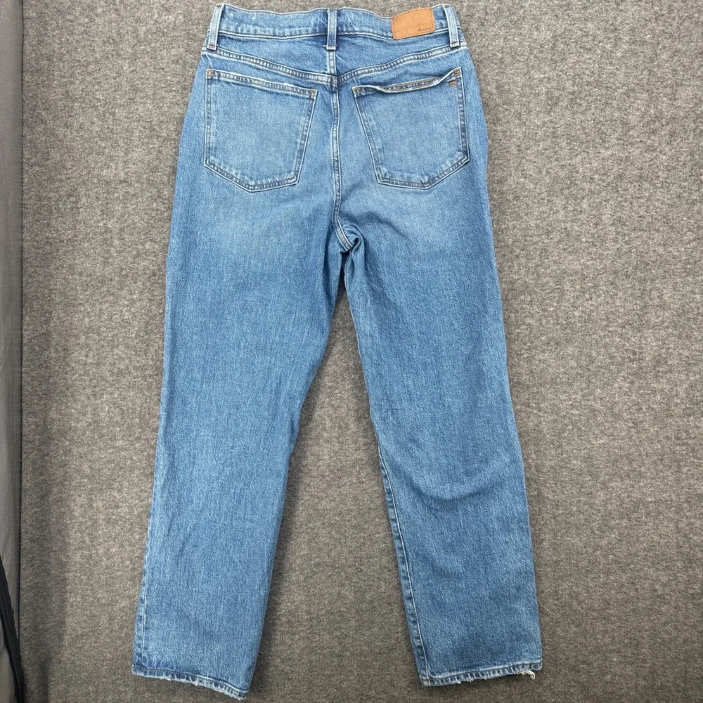 Madewell Womens High Rise Straight Leg Jeans Medium Wash Blue Distressed Hem